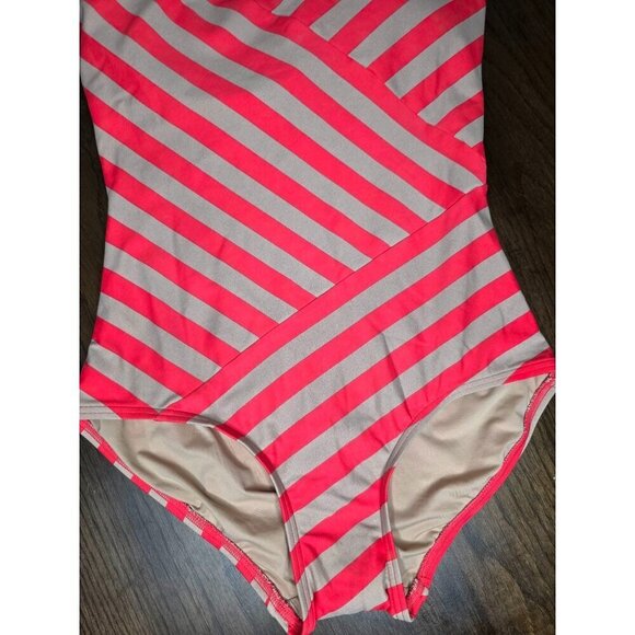 DKNY One-Shoulder Coral & Beige Striped Swimsuit Size 10 Nylon/Spandex - Picture 3 of 12